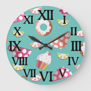 Grande Horloge Ronde Polka Dot Cups Cakes Donuts Lemons Grappes