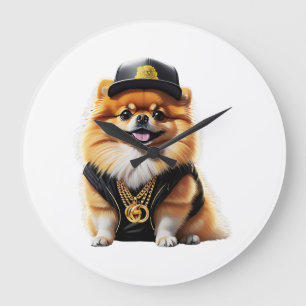 Grande Horloge Ronde Pomeranian gangsta - chien avec swag hip hop
