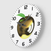Grande Horloge Ronde Pomme dorée avec feuille brillante métallique (Angle)
