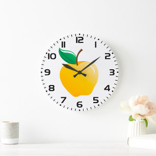 Grande Horloge Ronde Pomme Dorée Fruit Jaune Clair