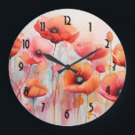 Grande Horloge Ronde Poppies rouges dans une aquarelle de champ<br><div class="desc">Une horloge avec une belle aquarelle. Un champ de fleurs rouges avec de belles gouttes d'eau et des éclaboussures.</div>