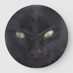 GRANDE HORLOGE RONDE PORTRAIT DE BLACK CAT AVEC EMERALD EYES