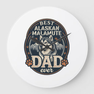Grande Horloge Ronde Portrait de chien père Malamute d'Alaska Badge Mon