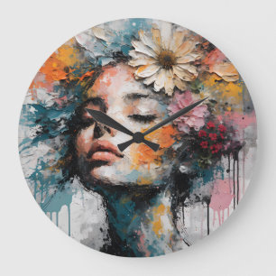 Grande Horloge Ronde Portrait de femme floral abstrait de luxe sur toil
