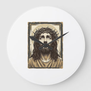Grande Horloge Ronde Portrait religieux vintage de la couronne d'épines