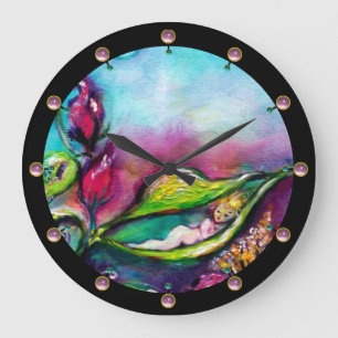 GRANDE HORLOGE RONDE POUCE D'OR ENDORMIE ENTRE LES FEUILLES DE ROSE