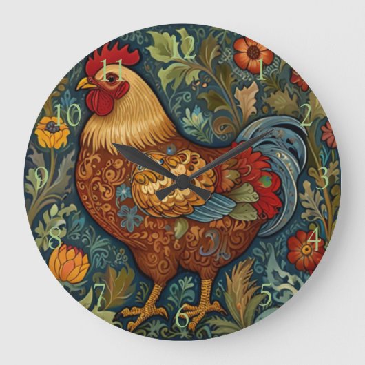 Grande Horloge Ronde Poule de campagne chic boho rétro (Recto)