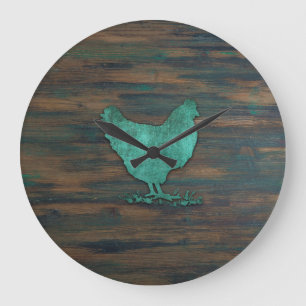 Grande Horloge Ronde Poulet rustique (Teal)