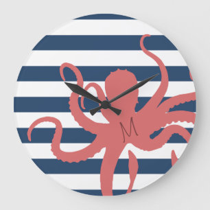 Grande Horloge Ronde Poulpe rouge moderne plage blanc bleu marine rayé