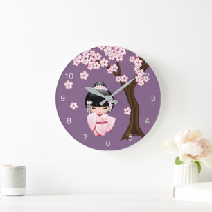 Grande Horloge Ronde Poupée blanche Kimono Kokeshi mignonne Geisha fill