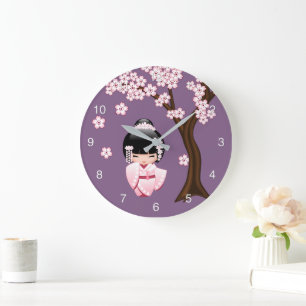 Grande Horloge Ronde Poupée Kokeshi en kimono blanc Mignonne Fille Geis