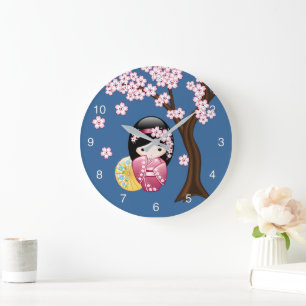 Grande Horloge Ronde Poupée Kokeshi Printemps - Cute Geisha Japonaise s