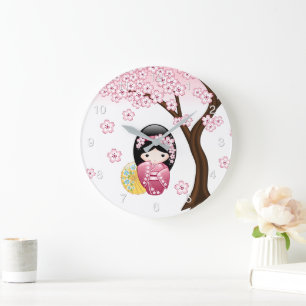 Grande Horloge Ronde Poupée Kokeshi Printemps - Cute Japonaise Geisha G