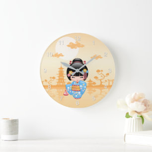 Grande Horloge Ronde Poupée Maiko Kokeshi Fille Geisha Mignonne Jaune