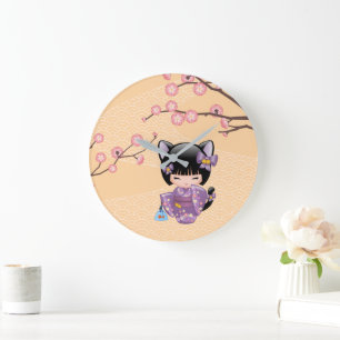 Grande Horloge Ronde Poupée Neko Kokeshi - Fille Geisha aux Oreilles de