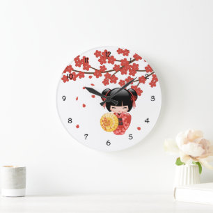 Grande Horloge Ronde Poupée rouge Sakura Kokeshi - Geisha japonais