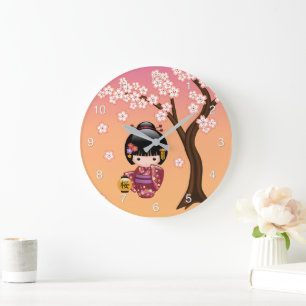Grande Horloge Ronde Poupée Sakura Kokeshi - Geisha Girl on Peach