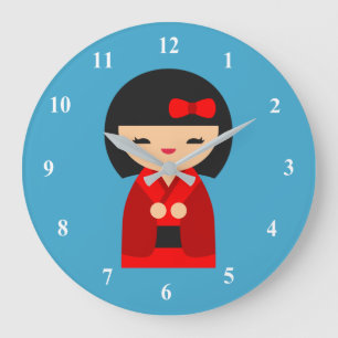 Grande Horloge Ronde Poupées japonaises de Red Kokeshi