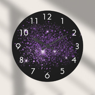 Grande Horloge Ronde poussière de parties scintillant violette noire