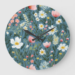 Grande Horloge Ronde Prairie de Fleurs Sauvages Bleues Motif Floral Cot