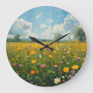 Grande Horloge Ronde Prairie de fleurs sauvages vibrantes dans le style