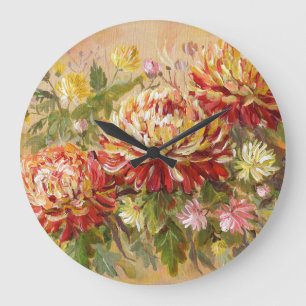 Grande Horloge Ronde Pré de chrysanthème : Peinture à la main acrylique