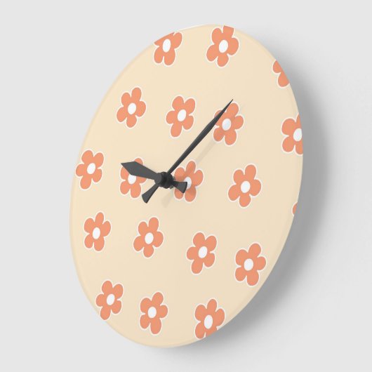 Grande Horloge Ronde Preppy Peach White Hippie Flower Motif (Angle)