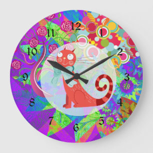 Grande Horloge Ronde Pretty Kitty Crazy Cat Lady Toxine Vibrant Colorfu