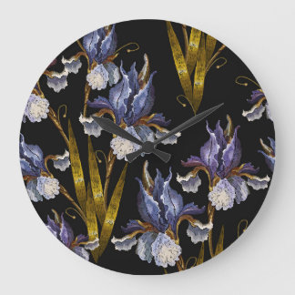Grande Horloge Ronde Printemps Irises : Broderie Art Renaissance