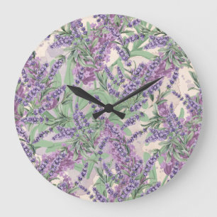 Grande Horloge Ronde Profusion de Lavande Poussiéreuse Lavande Floral R
