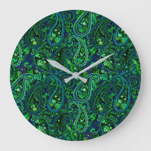 Grande Horloge Ronde Profusion Paisley Vibrant Floral Bleu Vert