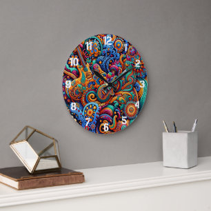 Grande Horloge Ronde Psychédélique Batik Guitare Art-Colorful Musique R