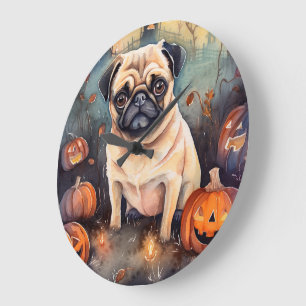 Grande Horloge Ronde Pug d'Halloween avec citrouilles effrayant