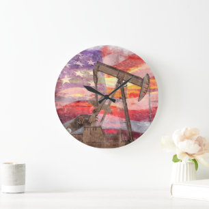 Grande Horloge Ronde Pumpjack silhouette pastille Drapeau américain