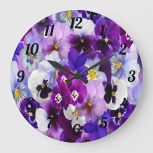 Grande Horloge Ronde Purple Bleu Blanc Floral Fleurs Pansy
