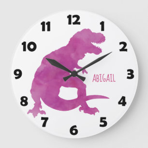 Grande Horloge Ronde Purple Girls Aquarelle Dinosaure Personnalisé Enfa
