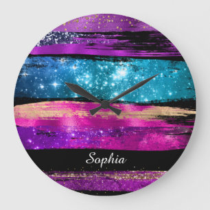 Grande Horloge Ronde Purple Rose Bleu Paillettes Étoiles Coups de Pince