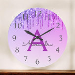 Grande Horloge Ronde Purple Sparkle<br><div class="desc">Purple ombre Dripping Sparkle Glitter Monogram Name and Initial Serving Wall Clock The Wall Clock makes the perfect gift for someone oms loves purple paitter.</div>