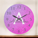 Grande Horloge Ronde Purple Sparkle<br><div class="desc">Purple and Pink ombre Sparkle Glitter Monogram Name and Initial Serving Wall Clock. The Wall Clock makes the perfect gift for someone oms loves sparkle and glitter.</div>