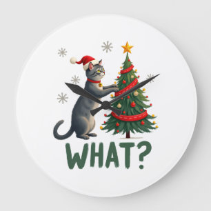 Grande Horloge Ronde Quel chat drôle poussant l'arbre de Noël sur le ch