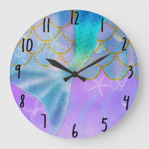 Grande Horloge Ronde Queue de sirène iridescente perle scintillement