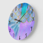 Grande Horloge Ronde Queue iridescente de sirène scintillante (Angle)