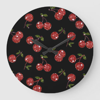 Grande Horloge Ronde RAB Rockabilly Très Cerises Cerises Sur Fond Noir