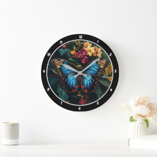 Grande Horloge Ronde Radiance tropicale" - Papillon bleu