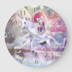Grande Horloge Ronde Rainbow galaxy chat équitation licorne dans l'espa