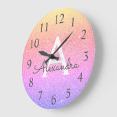 Grande Horloge Ronde Rainbow Sparkle Glitter Monogram (Angle)
