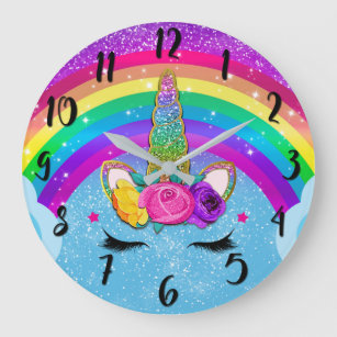 Grande Horloge Ronde Rainbow Sparkle Glittery Unicorn Horn Face