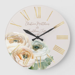 Grande Horloge Ronde Ranunculus de Pêche Romantique sur l'ivoire
