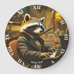 Grande Horloge Ronde Raton laveur de piano mignon fantasy jouant