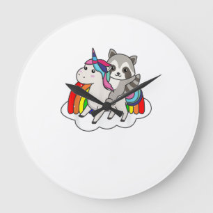 Grande Horloge Ronde Raton laveur sur licorne Animaux arc-en-ciel Douce